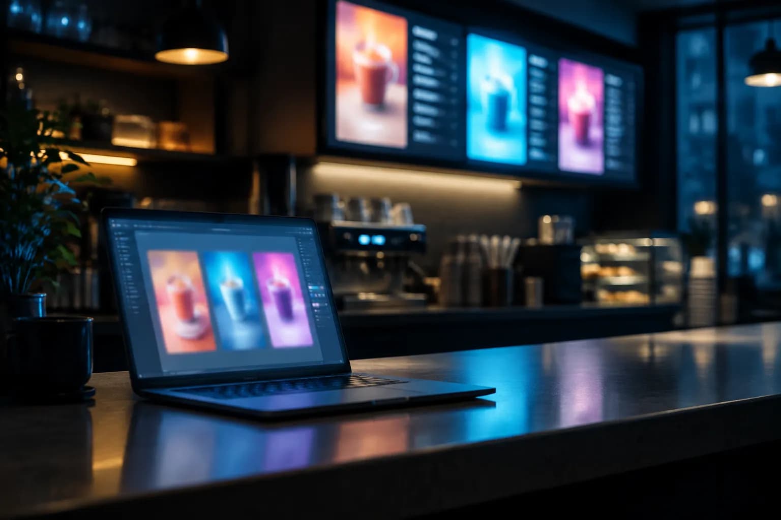 Three AI-generated menu designs on a laptop, with the same designs on the café's screens