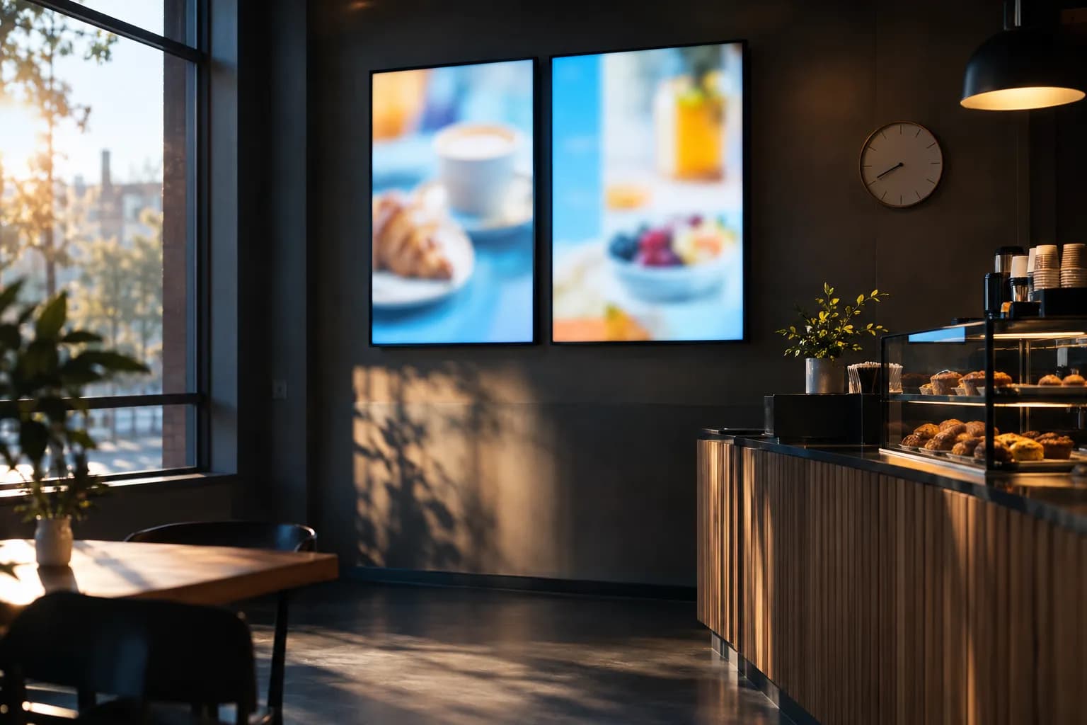 Breakfast menu screens in a neighbourhood café
