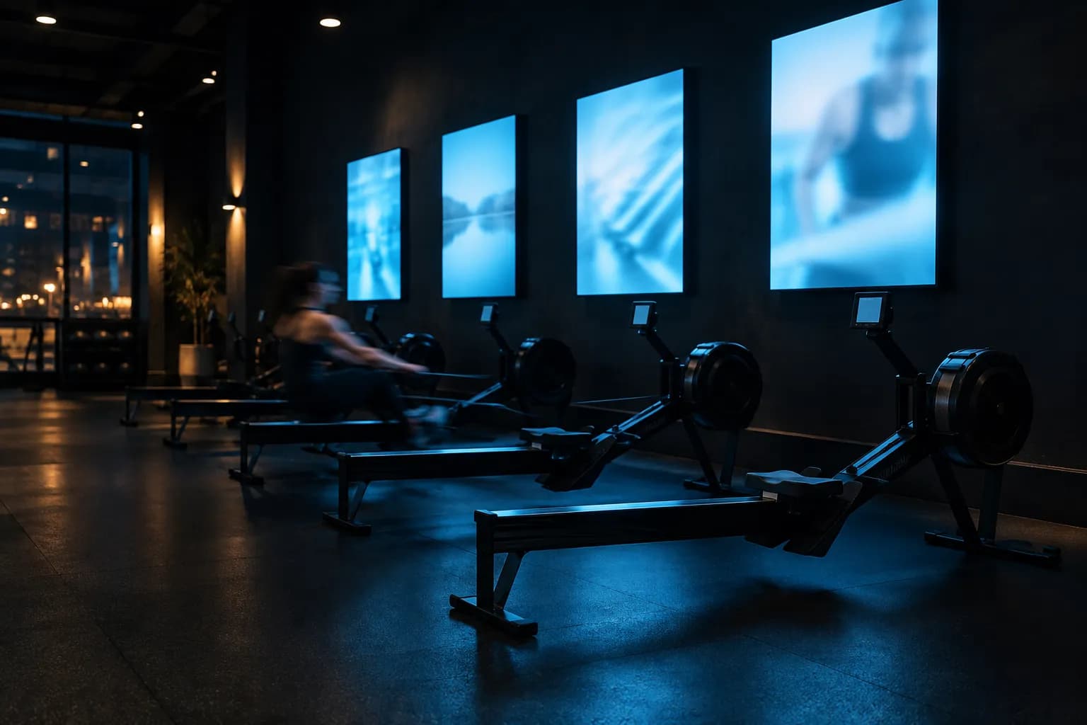 Wall displays above rowing machines in a fitness studio
