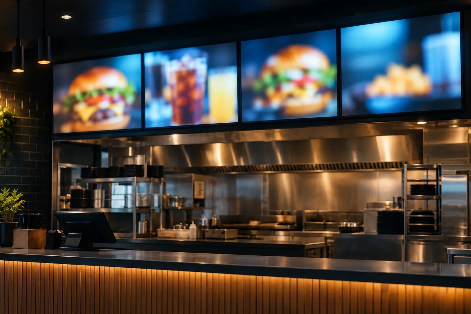 Digital menu board screens above a restaurant counter